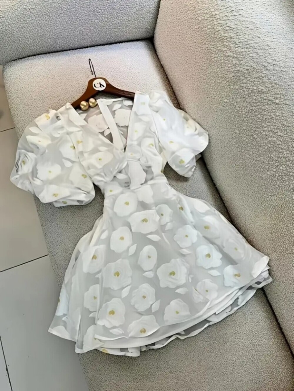French Romantic Elegant White Rose Mesh Puff Sleeve Dress Women'S Summer Waist